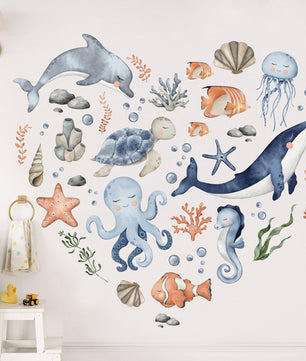 Vinilos decorativos Adhesivos infantiles de Pared animales marinos corazon marino acuarela