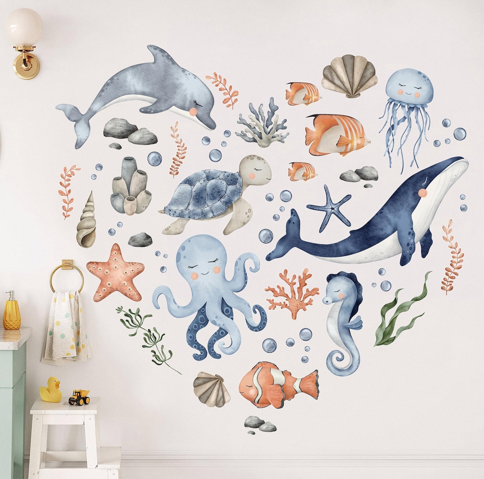 Vinilos decorativos Adhesivos infantiles de Pared animales marinos corazon marino acuarela