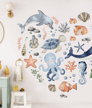 Vinilos decorativos Adhesivos infantiles de Pared animales marinos corazon marino acuarela