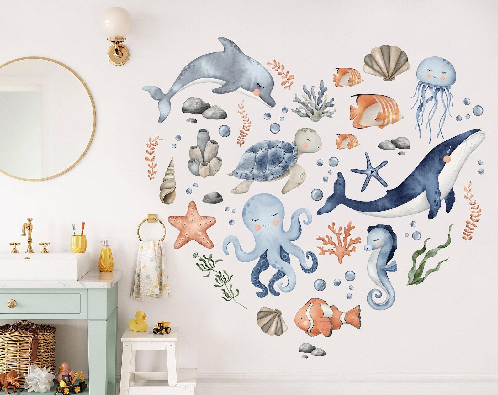 Vinilos decorativos Adhesivos infantiles de Pared animales marinos corazon marino acuarela
