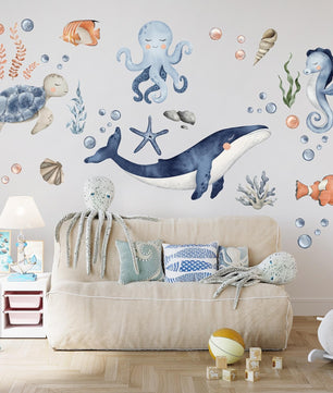 Vinilos decorativos Adhesivos infantiles de Pared animales marinos corazon marino acuarela