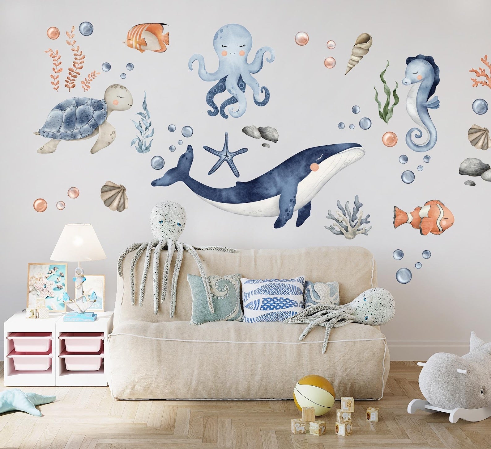 Vinilos decorativos Adhesivos infantiles de Pared animales marinos corazon marino acuarela