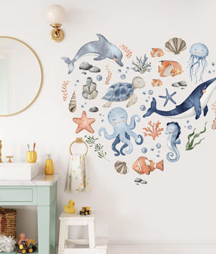 Vinilos decorativos Adhesivos infantiles de Pared animales marinos corazon marino acuarela