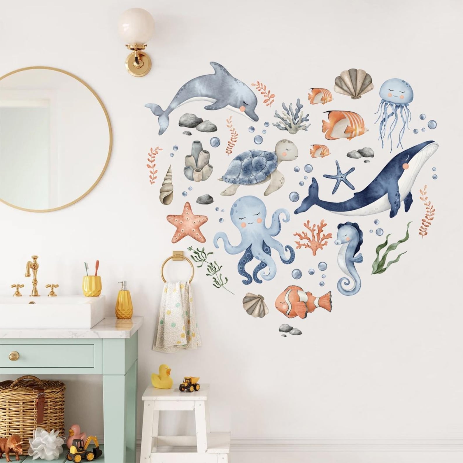 Vinilos decorativos Adhesivos infantiles de Pared animales marinos corazon marino acuarela