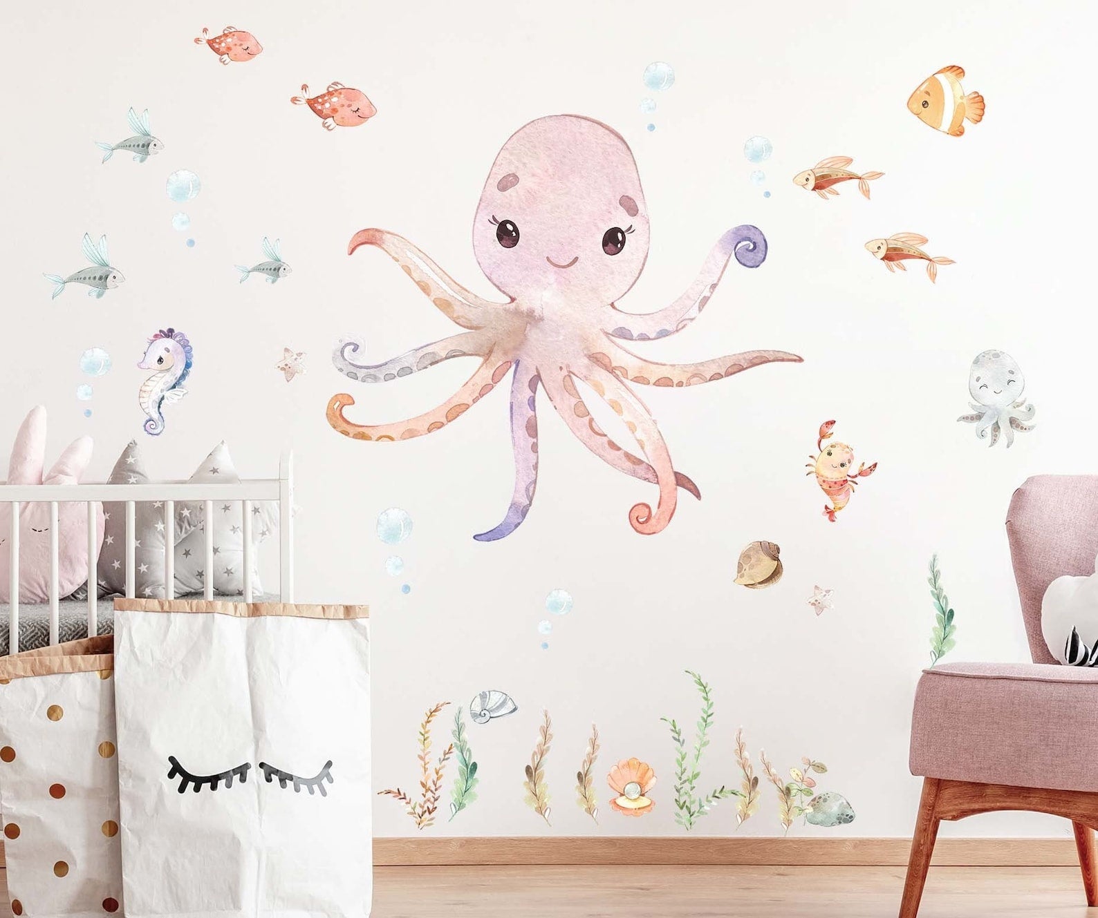 Vinilos decorativos Adhesivos infantiles de Pared animales marinos pulpo o ballena