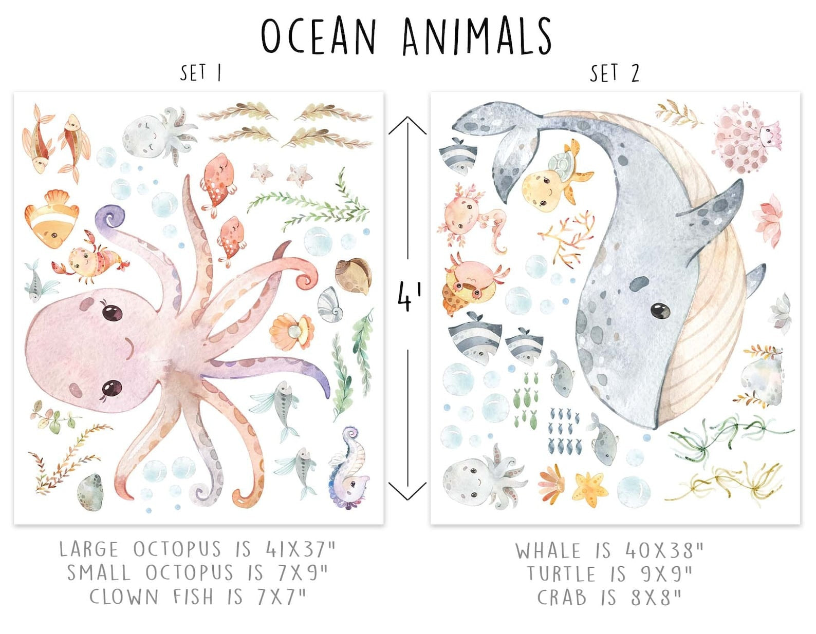 Vinilos decorativos Adhesivos infantiles de Pared animales marinos pulpo o ballena