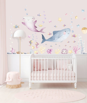 Vinilos decorativos Adhesivos infantiles de Pared animales marinos acuarela rosado