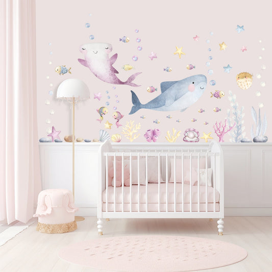 Vinilos decorativos Adhesivos infantiles de Pared animales marinos acuarela rosado