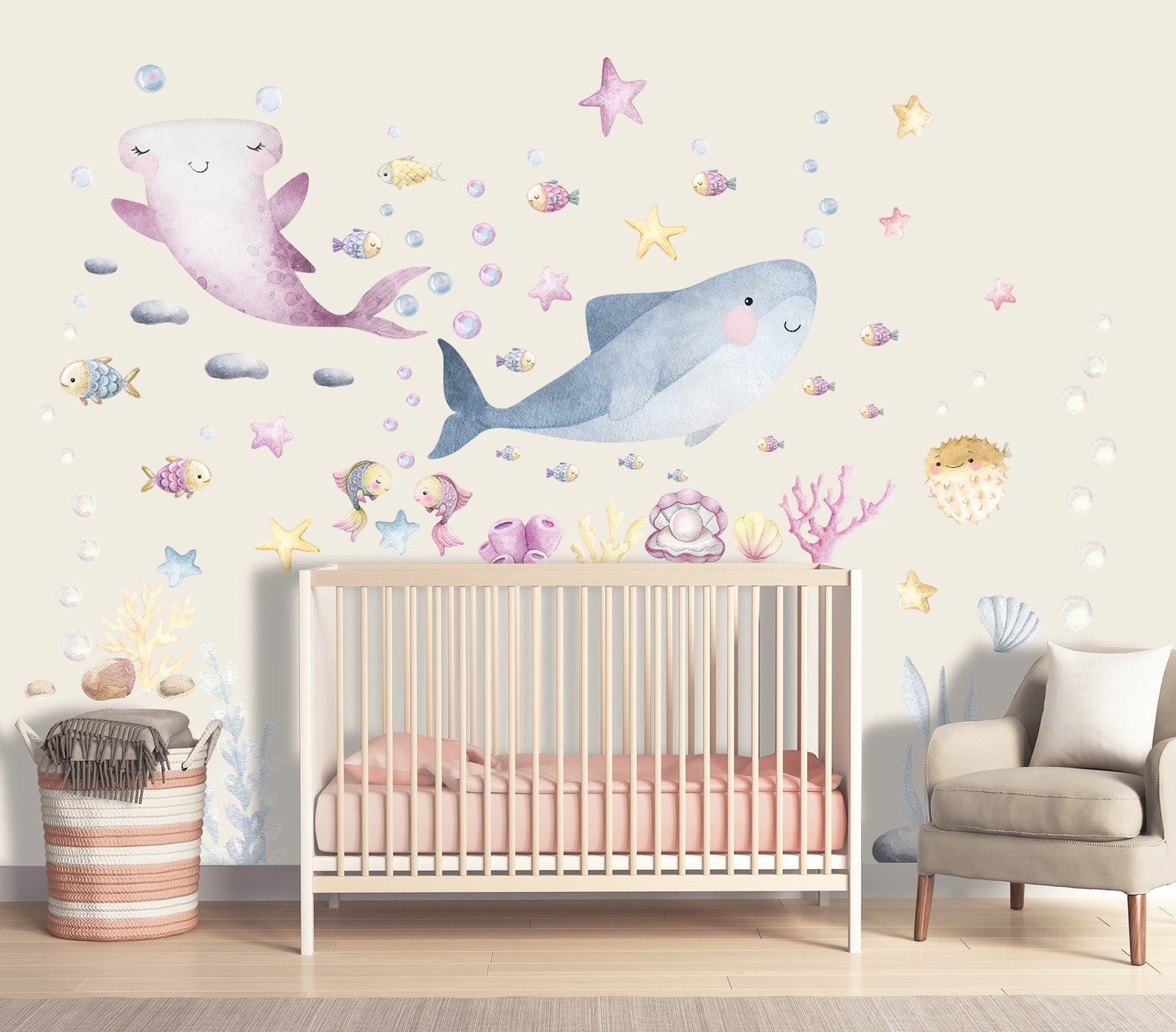 Vinilos decorativos Adhesivos infantiles de Pared animales marinos acuarela rosado