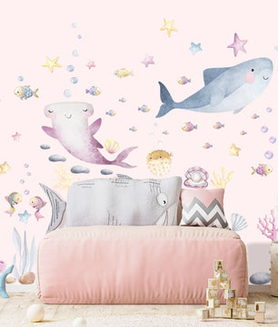Vinilos decorativos Adhesivos infantiles de Pared animales marinos acuarela rosado