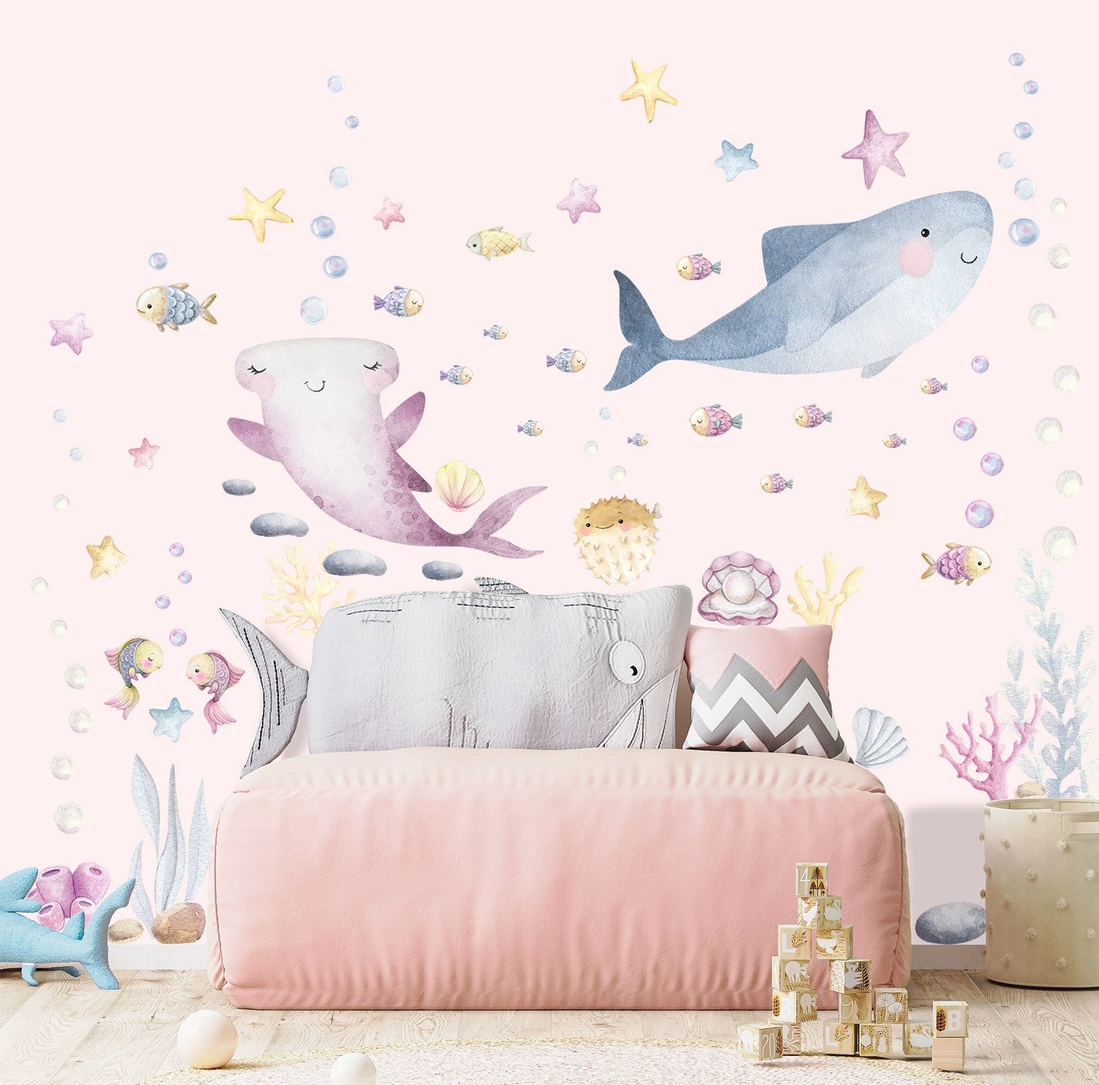 Vinilos decorativos Adhesivos infantiles de Pared animales marinos acuarela rosado