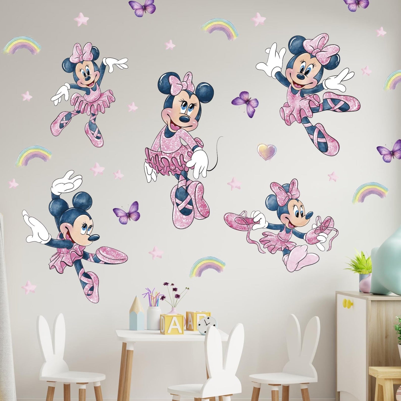 Vinilos decorativos Adhesivos infantiles de Pared minnie conjunto con estrellas