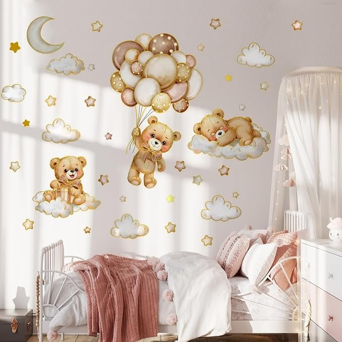 Vinilos decorativos Adhesivos infantiles de Pared de oso teddy borde dorado