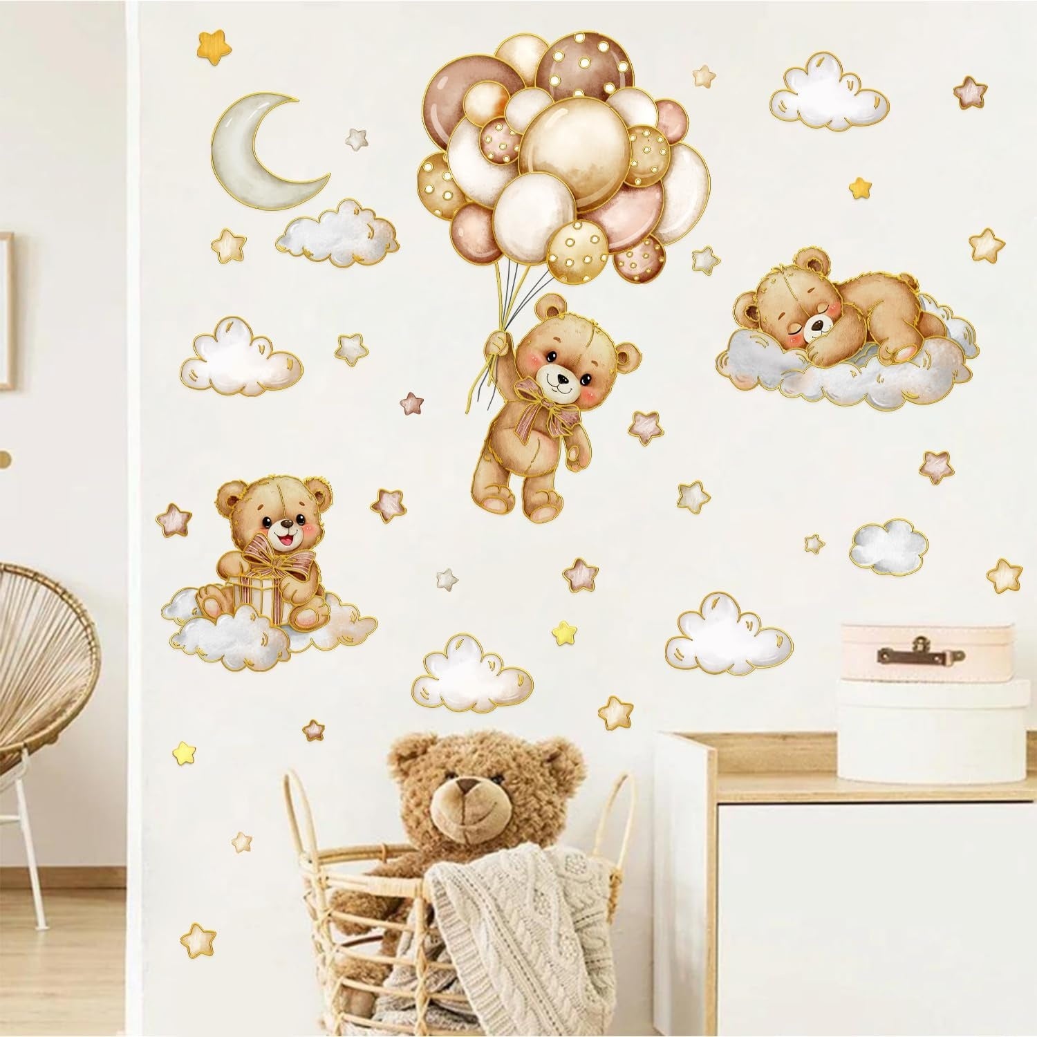 Vinilos decorativos Adhesivos infantiles de Pared de oso teddy borde dorado