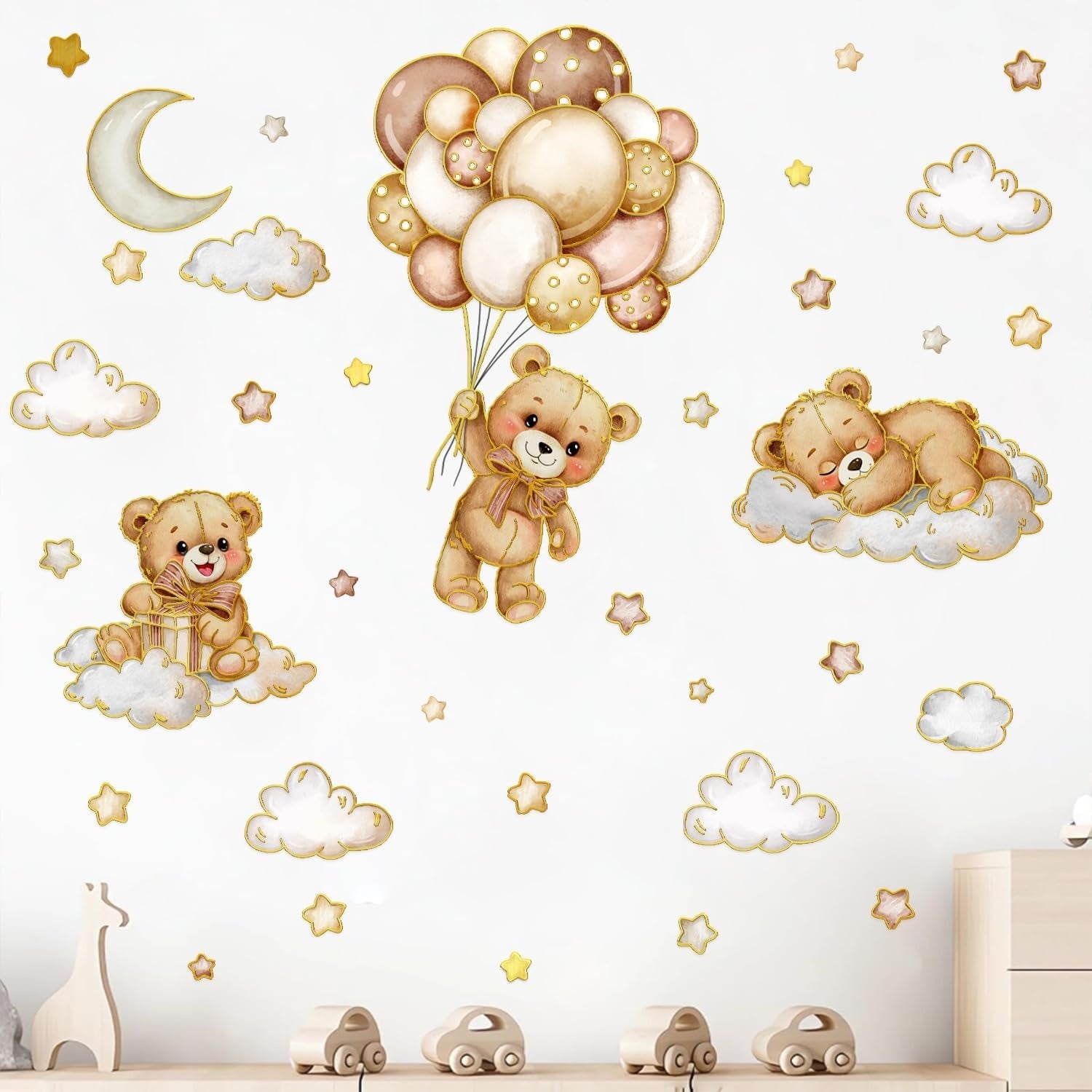 Vinilos decorativos Adhesivos infantiles de Pared de oso teddy borde dorado