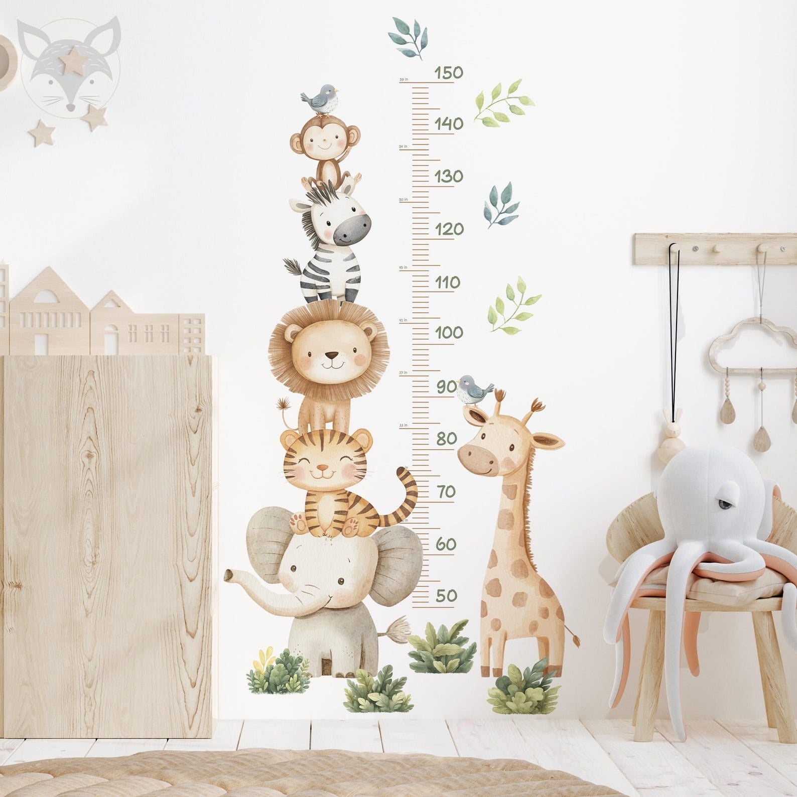 Medidor de altura infantil con animales acuarelados