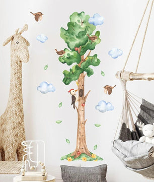 Medidor de altura infantil  arbol acuarelado con pajaros