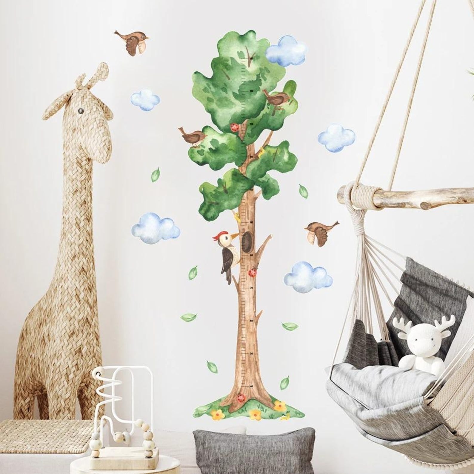 Medidor de altura infantil  arbol acuarelado con pajaros