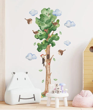 Medidor de altura infantil  arbol acuarelado con pajaros