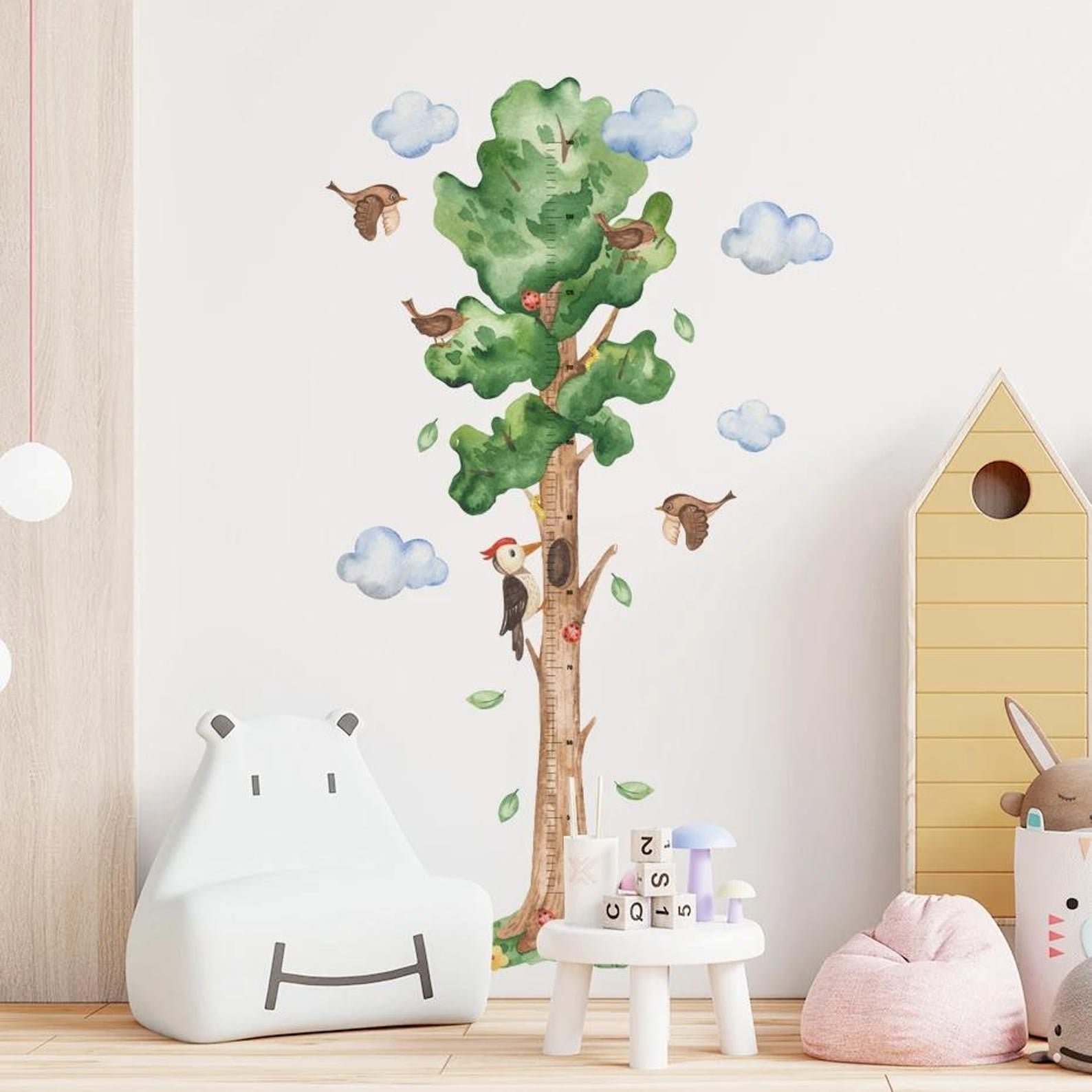 Medidor de altura infantil  arbol acuarelado con pajaros