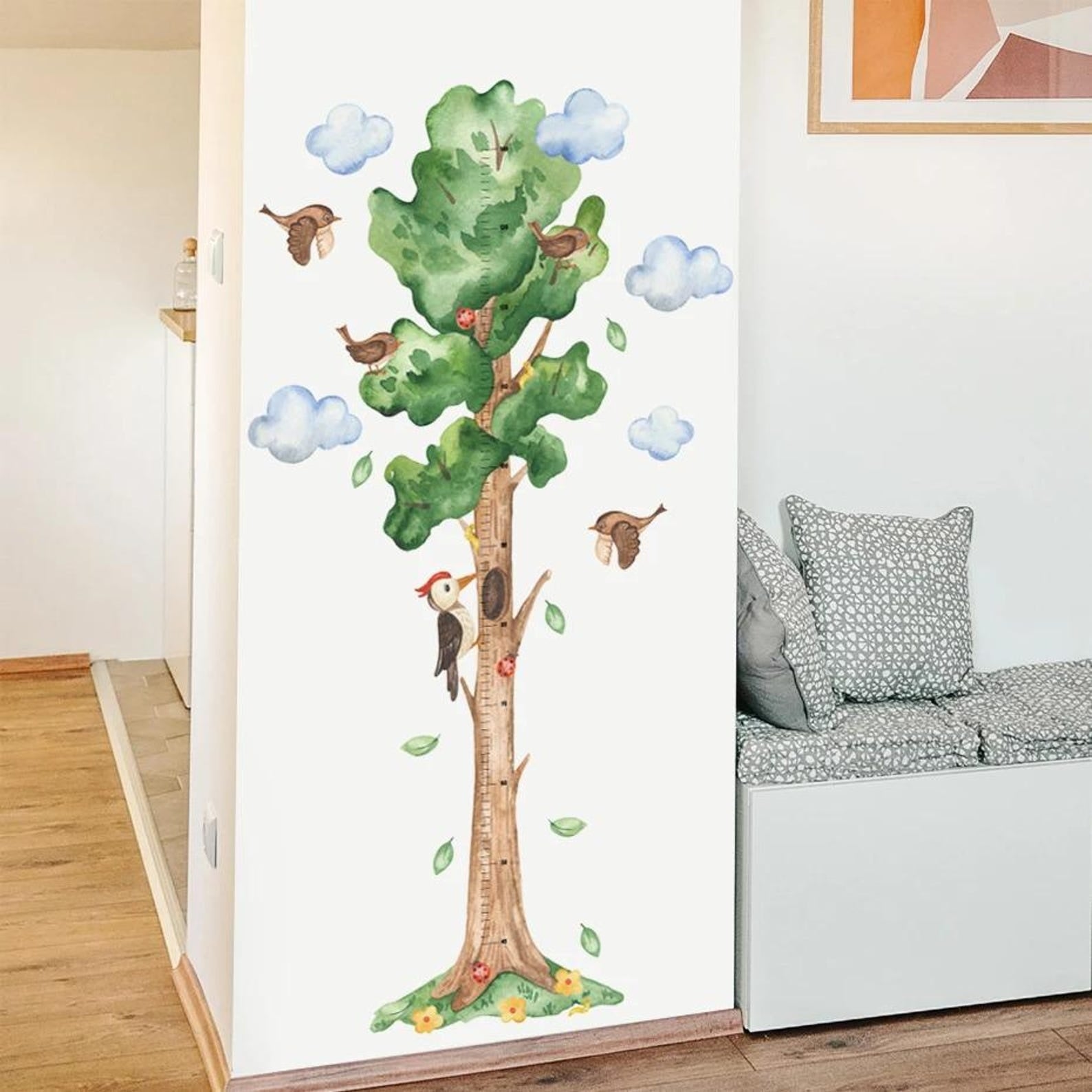 Medidor de altura infantil  arbol acuarelado con pajaros