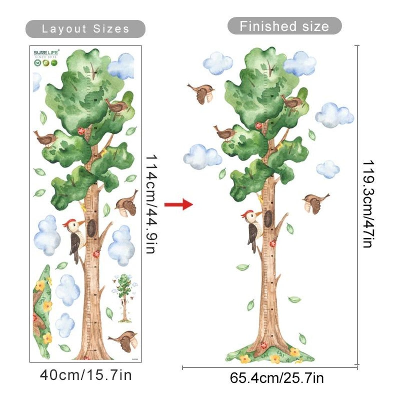 Medidor de altura infantil  arbol acuarelado con pajaros
