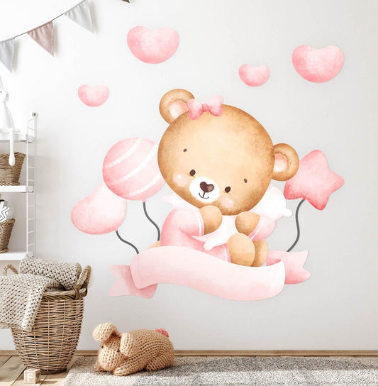 Vinilos decorativos Adhesivos infantiles de Pared de osita con globos y estrellas