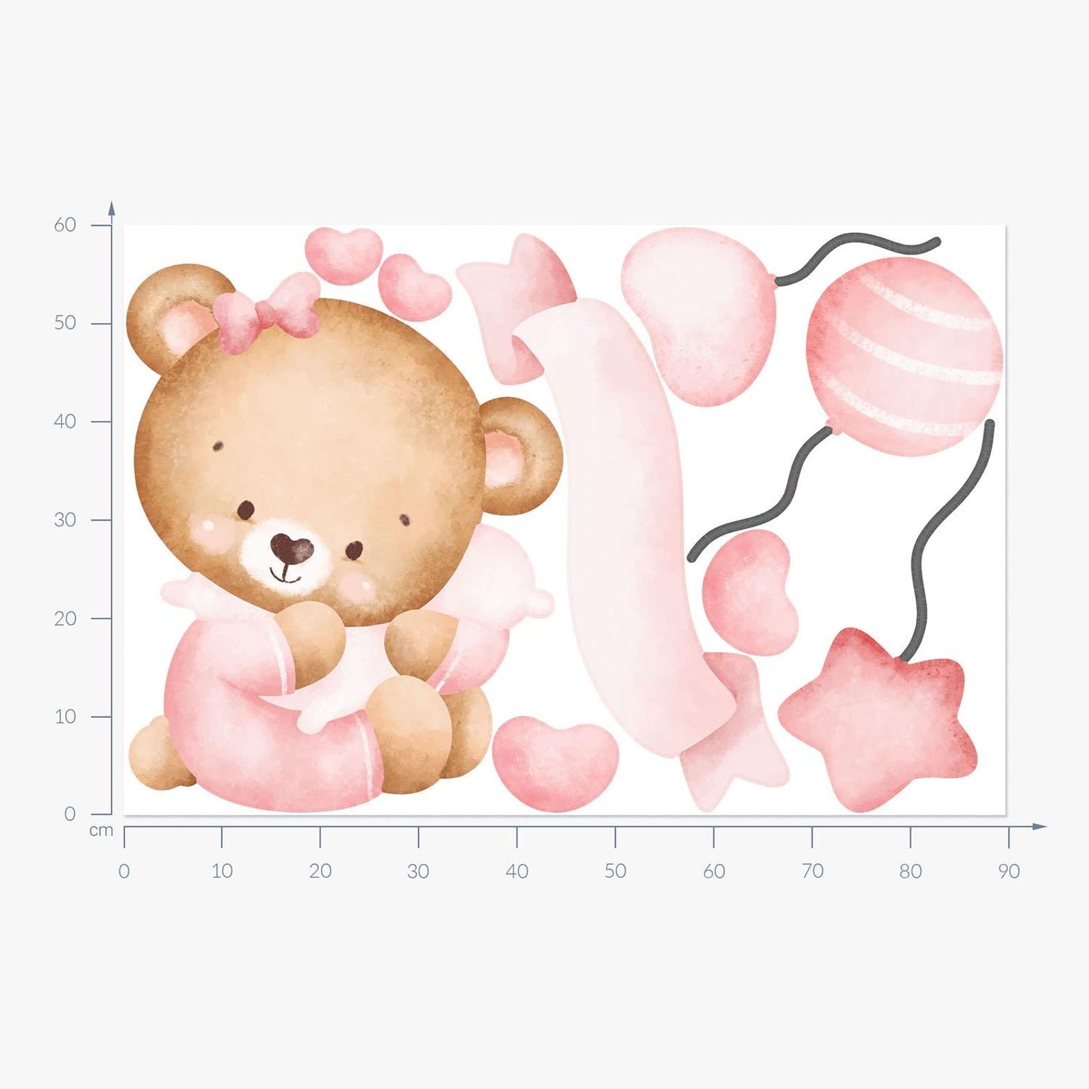Vinilos decorativos Adhesivos infantiles de Pared de osita con globos y estrellas