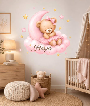 Vinilos decorativos Adhesivos infantiles de Pared de osa en nube con luna rosada
