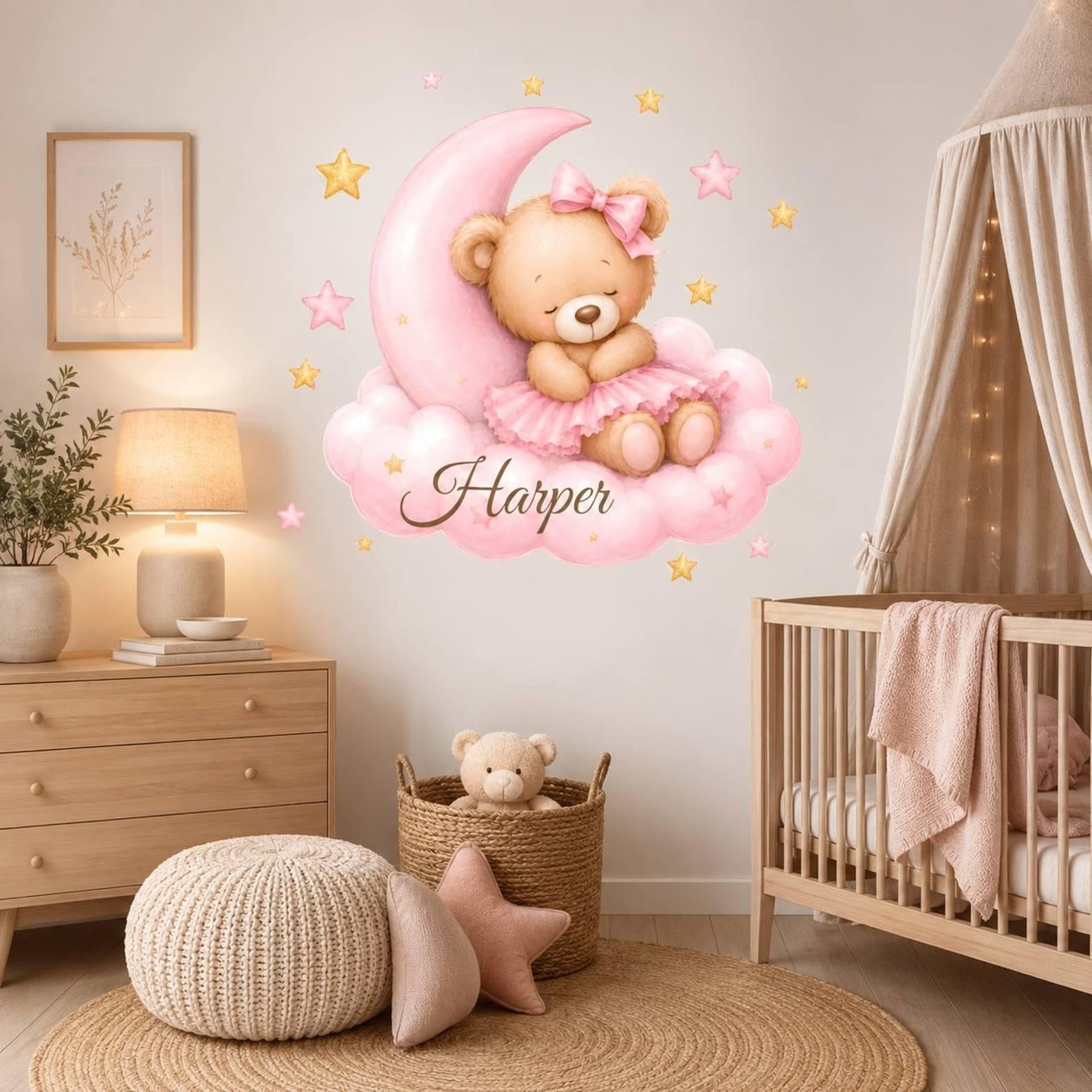 Vinilos decorativos Adhesivos infantiles de Pared de osa en nube con luna rosada