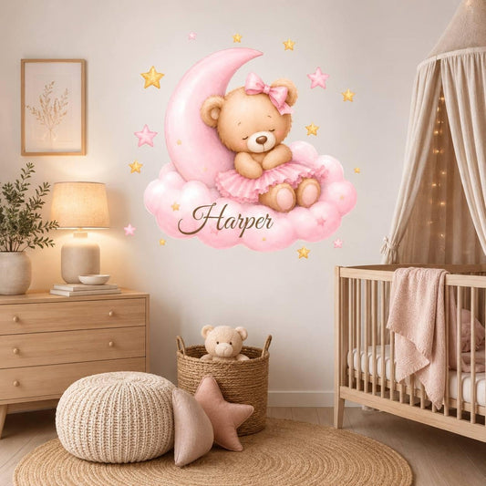 Vinilos decorativos Adhesivos infantiles de Pared de osa en nube con luna rosada