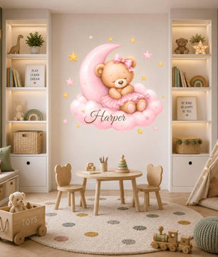 Vinilos decorativos Adhesivos infantiles de Pared de osa en nube con luna rosada