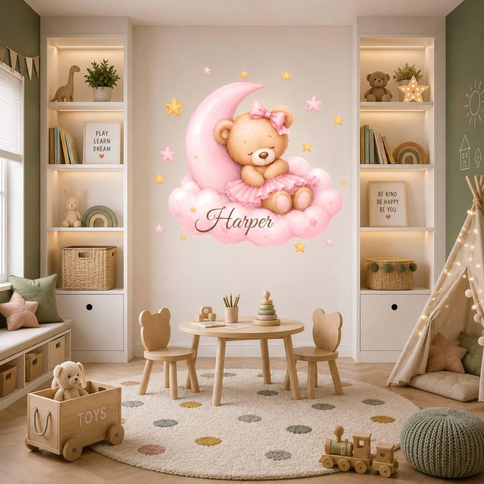 Vinilos decorativos Adhesivos infantiles de Pared de osa en nube con luna rosada