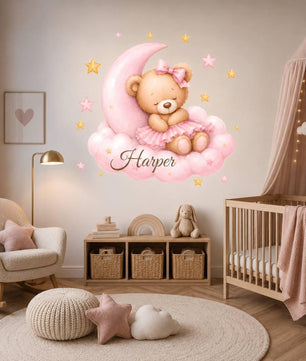Vinilos decorativos Adhesivos infantiles de Pared de osa en nube con luna rosada