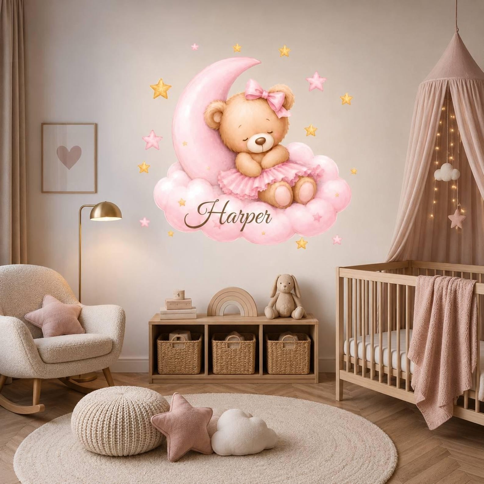 Vinilos decorativos Adhesivos infantiles de Pared de osa en nube con luna rosada