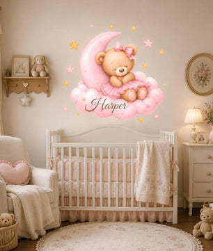 Vinilos decorativos Adhesivos infantiles de Pared de osa en nube con luna rosada