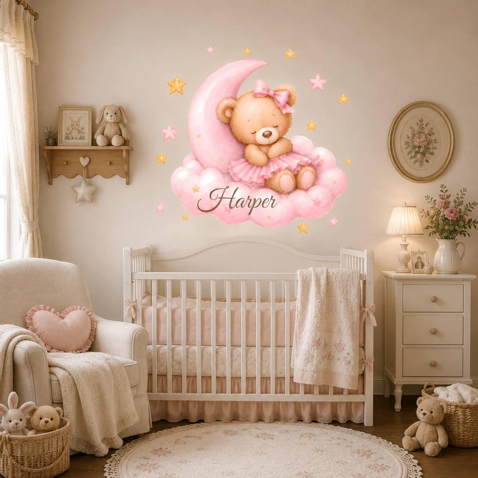 Vinilos decorativos Adhesivos infantiles de Pared de osa en nube con luna rosada