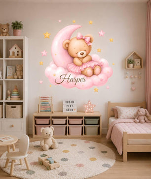 Vinilos decorativos Adhesivos infantiles de Pared de osa en nube con luna rosada