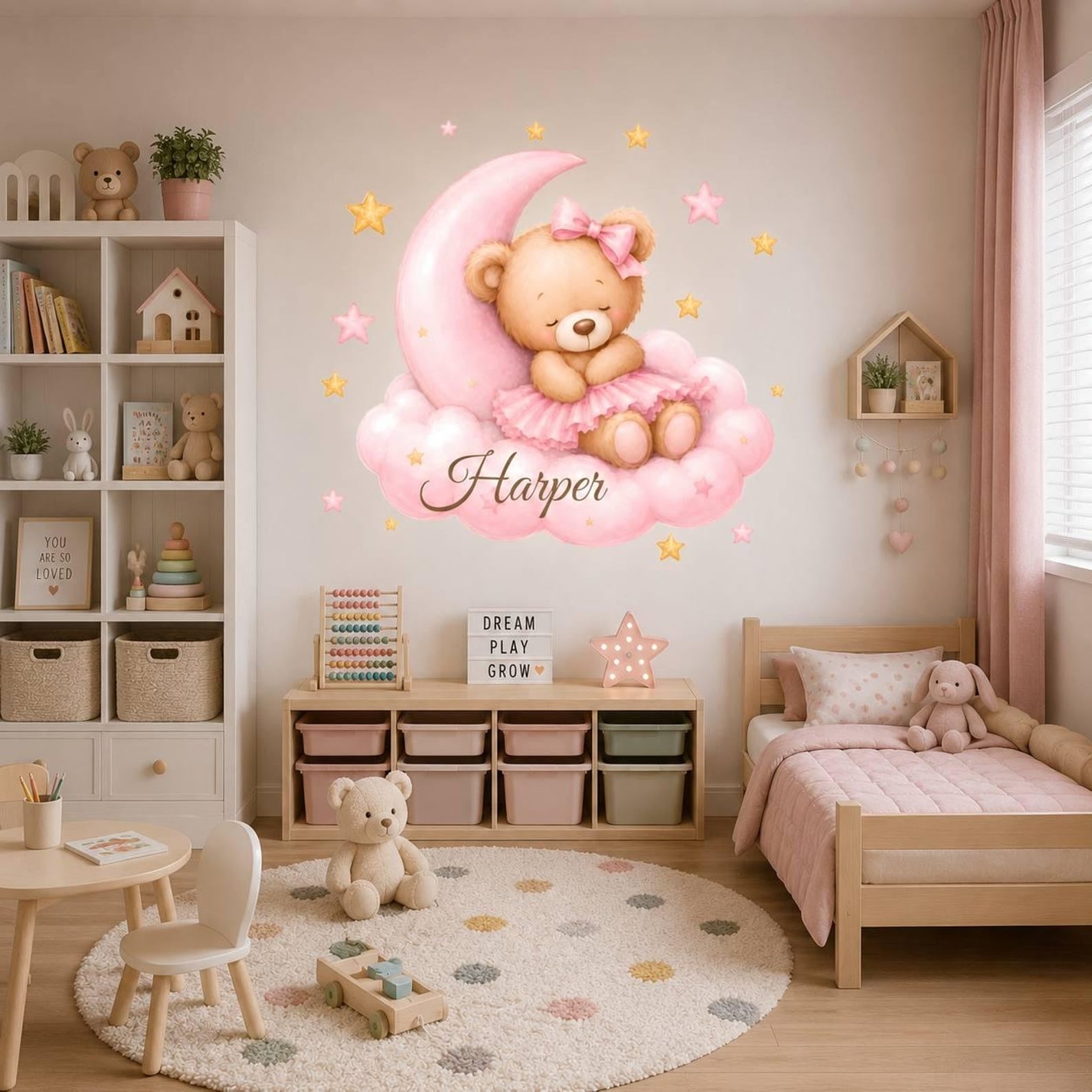 Vinilos decorativos Adhesivos infantiles de Pared de osa en nube con luna rosada