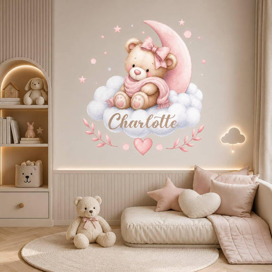 Vinilos decorativos Adhesivos infantiles de Pared de osa en nube con nombre