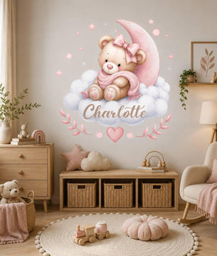 Vinilos decorativos Adhesivos infantiles de Pared de osa en nube con nombre