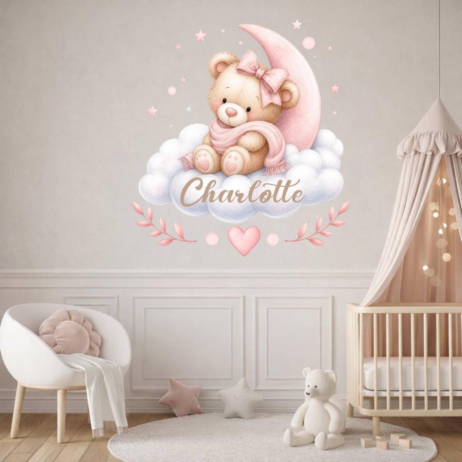 Vinilos decorativos Adhesivos infantiles de Pared de osa en nube con nombre