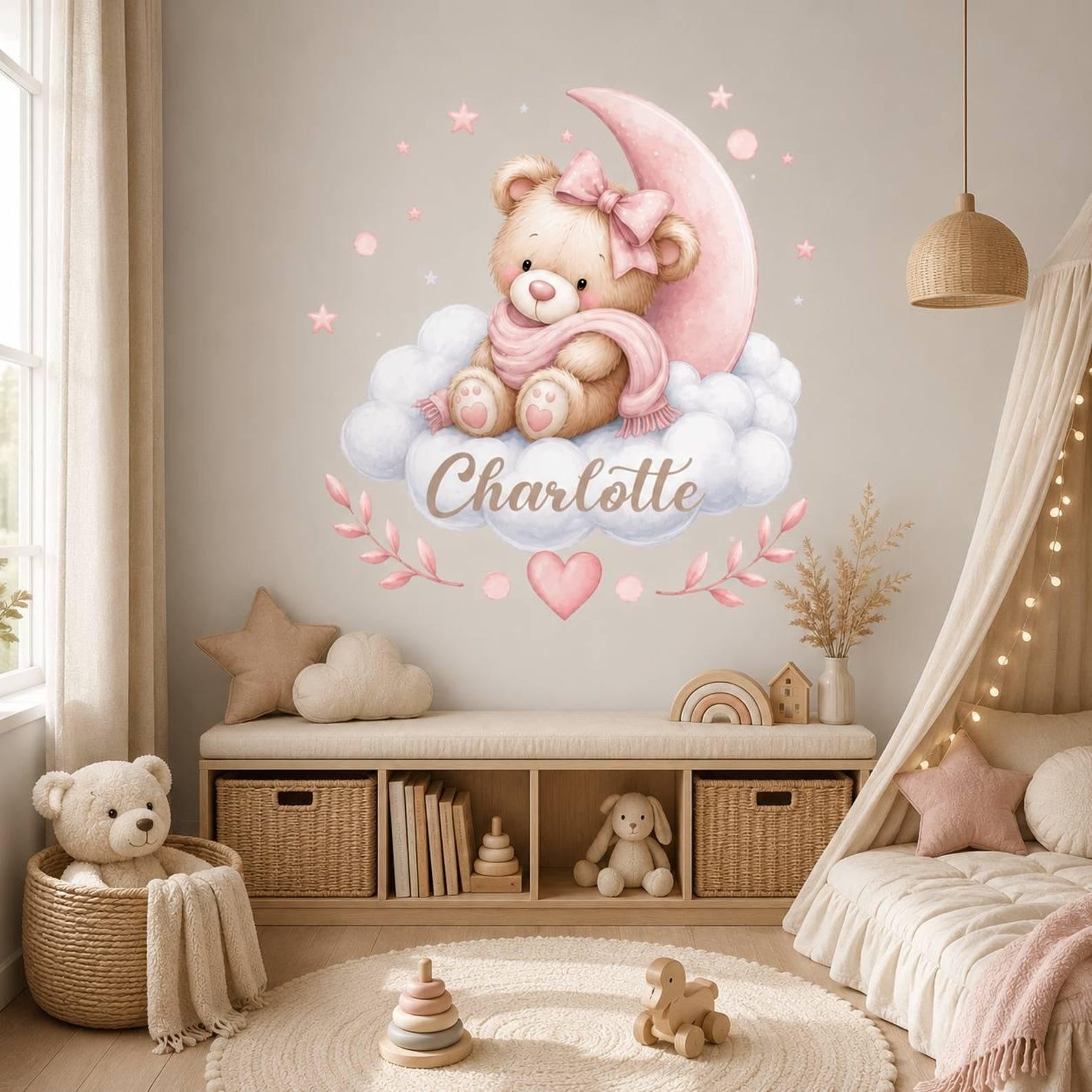 Vinilos decorativos Adhesivos infantiles de Pared de osa en nube con nombre