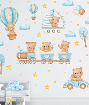 Vinilos decorativos Adhesivos infantiles de Pared de oso teddy tren azules