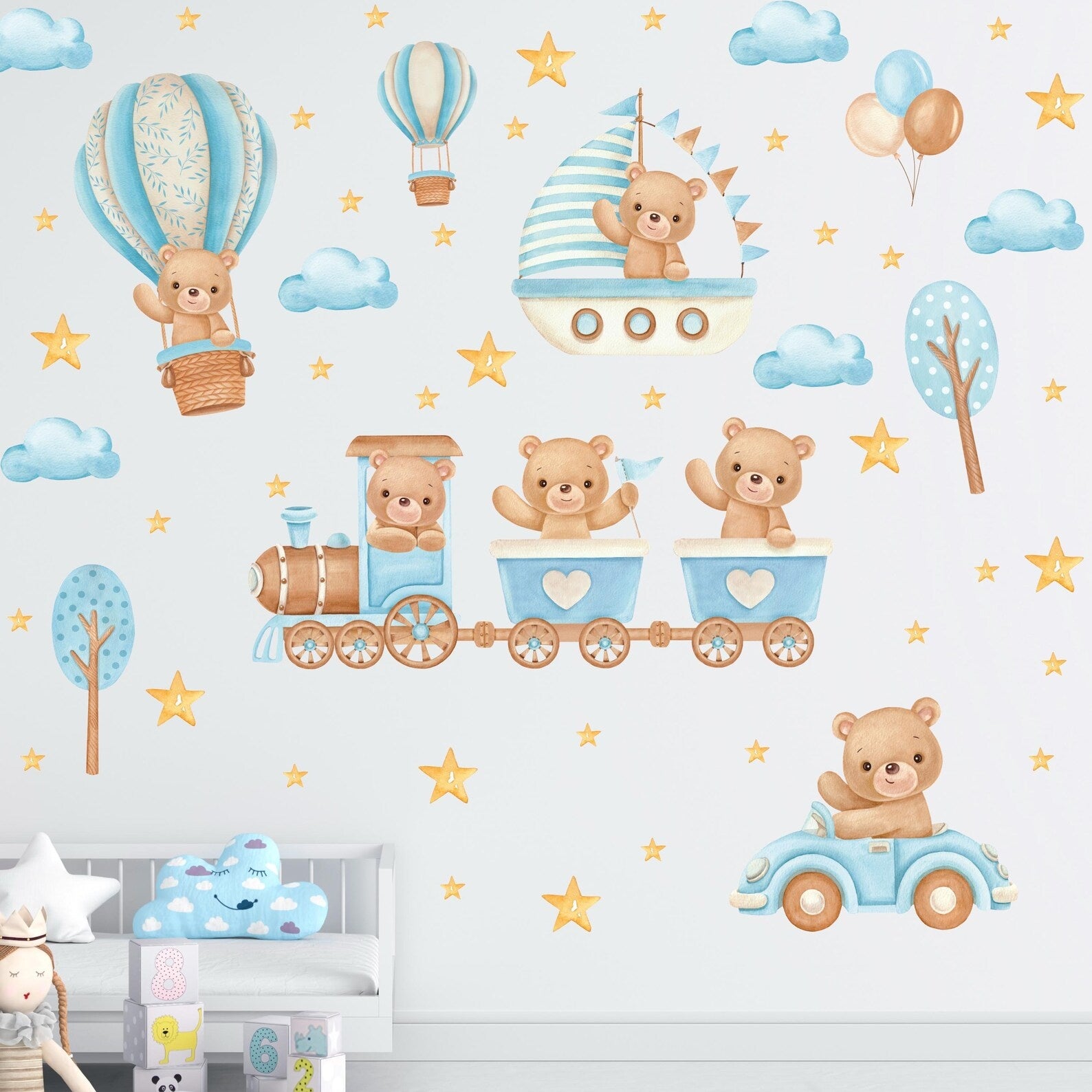 Vinilos decorativos Adhesivos infantiles de Pared de oso teddy tren azules