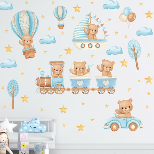 Vinilos decorativos Adhesivos infantiles de Pared de oso teddy tren azules
