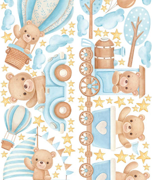 Vinilos decorativos Adhesivos infantiles de Pared de oso teddy tren azules