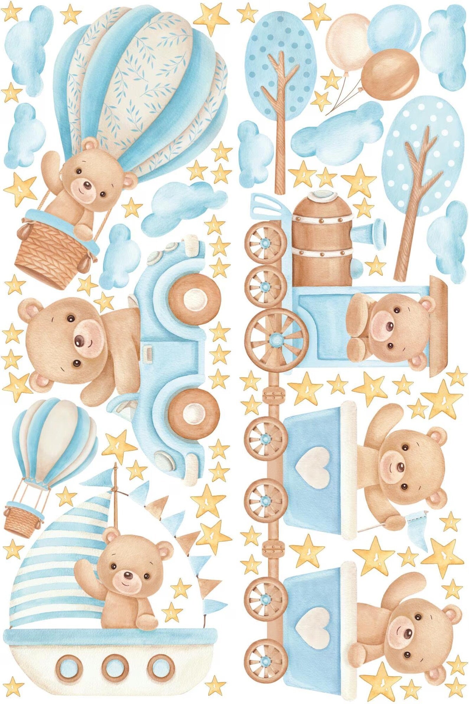 Vinilos decorativos Adhesivos infantiles de Pared de oso teddy tren azules