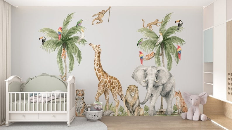Vinilos decorativos Adhesivos infantiles de pared de acuarela de animales de la jungla