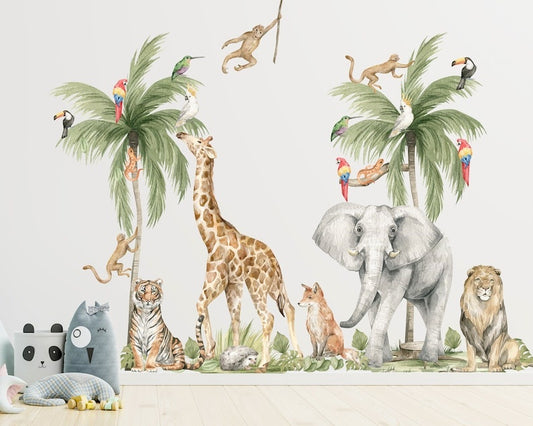 Vinilos decorativos Adhesivos infantiles de pared de acuarela de animales de la jungla